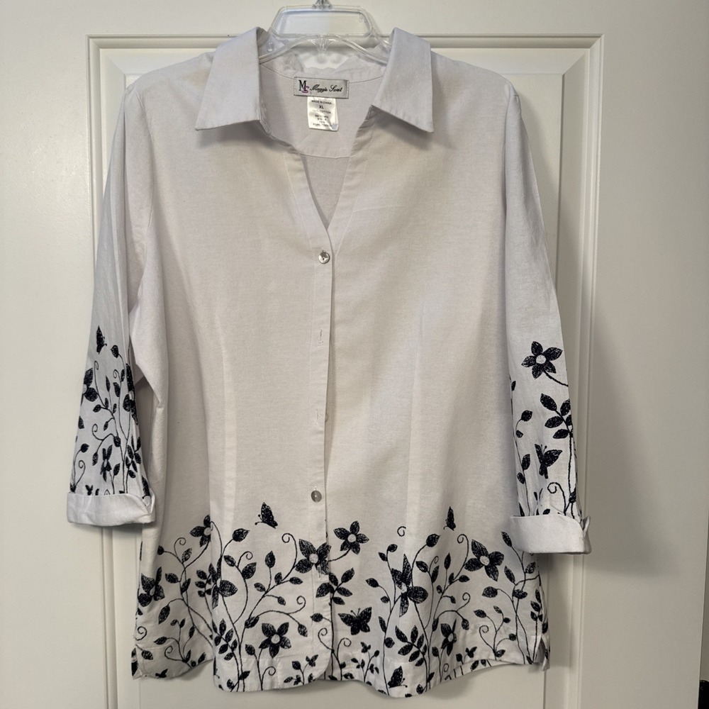 Vintage 80s 90s Cotton Button Blouse White W/ Blue Floral Women's‎ XL 3/4 Sleeve